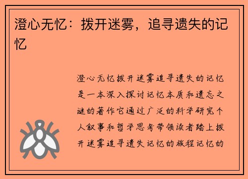 澄心无忆：拨开迷雾，追寻遗失的记忆